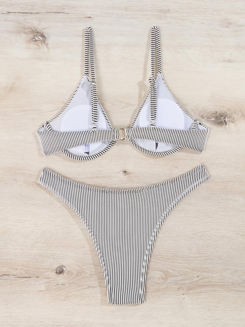 Fanuerg Women Underwire Triangle Bikini Spaghetti Strap Push Up Swimsuit Cheeky Two Piece Bathing Suit Light Grey S - Image 3