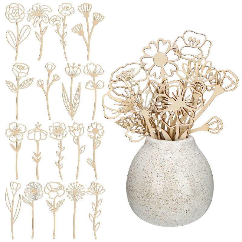 RattanView 36 Pcs Wooden Wildflower Decor Set Wood Flowers Cutout Signs Wildflowers Stems Laser Cut Flowers for Home Birthday Holiday Art DIY Decoration - Image 1