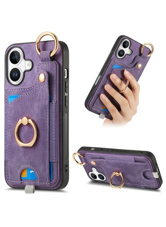 HuHa Case Cover For iPhone 16 Plus Retro Skin-feel Ring Card Bag Phone Case with Hang Loop(Purple) 