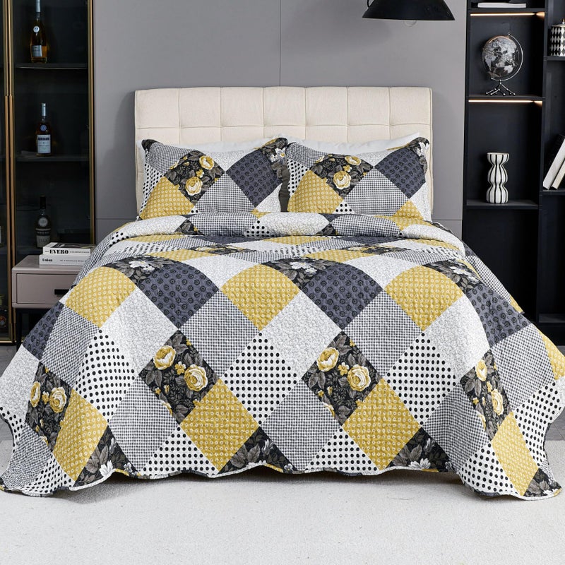Cmfshape Cmfshape Summer Floral Queen Bedspread Romantic Khaki Quilt Set Full Reversible Stitched Bedding Set All Season Soft Lightweight Coverlet with Pillow Cases (Khaki&Dark  Queen90 x90)  - Image 2