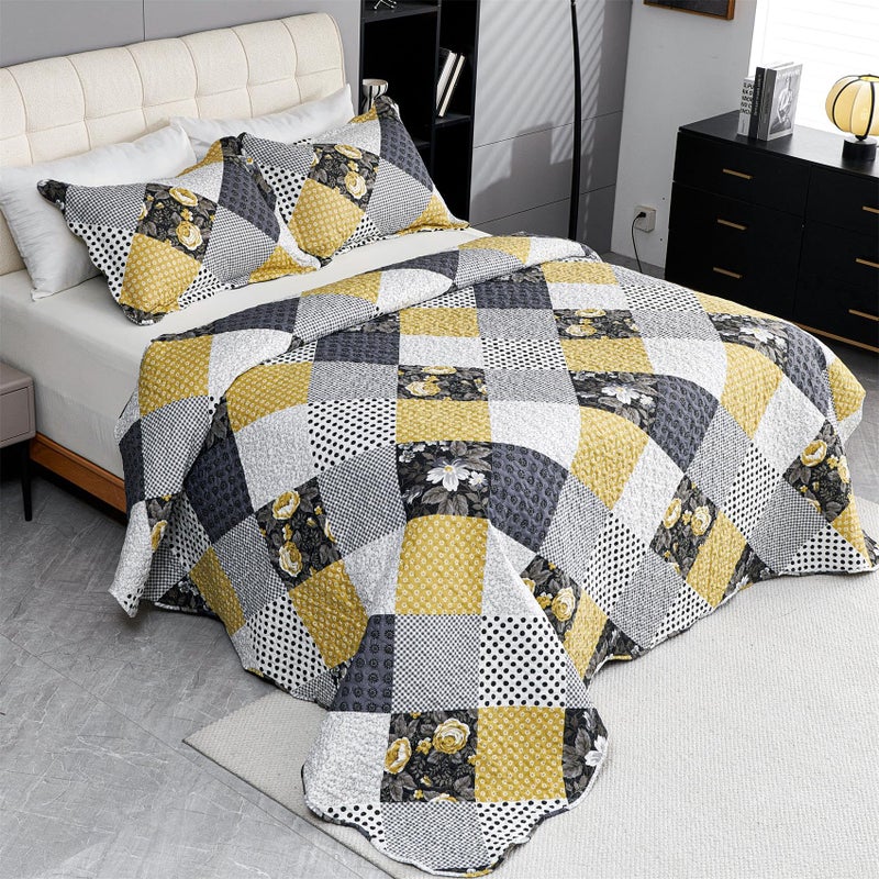Cmfshape Cmfshape Summer Floral Queen Bedspread Romantic Khaki Quilt Set Full Reversible Stitched Bedding Set All Season Soft Lightweight Coverlet with Pillow Cases (Khaki&Dark  Queen90 x90)  - Image 3
