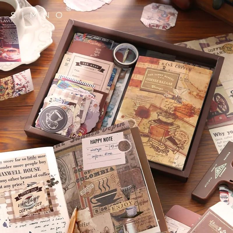 GDNK Scrape Book Kit Scrapbooking Kit Vintage Journal Scrapbook Pack DIY Paper Stickers, Craft Kits Notebook, Collage Album Aesthetic Sticker Journaling Scrapbook Photo Album (Brown Coffee Bazar) - Image 3