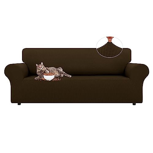LURKA Stretch Sofa Slipcovers 1 Piece Couch Covers for 3 Cushion Couch Sofa Furniture Protector Full Sofa Covers with Elastic Bottom for Kids and Dog Brown Large