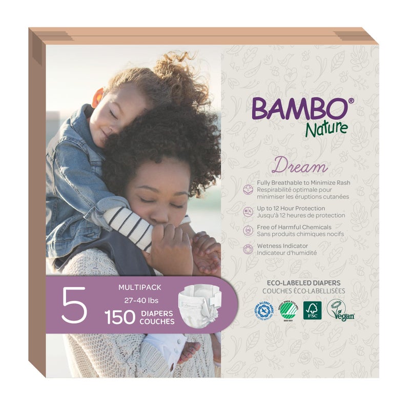 Bambo Nature Premium Eco-Friendly Baby Diapers, Size 5 (27-40 Lbs), 150 Count (6 Packs of 25) - Image 1