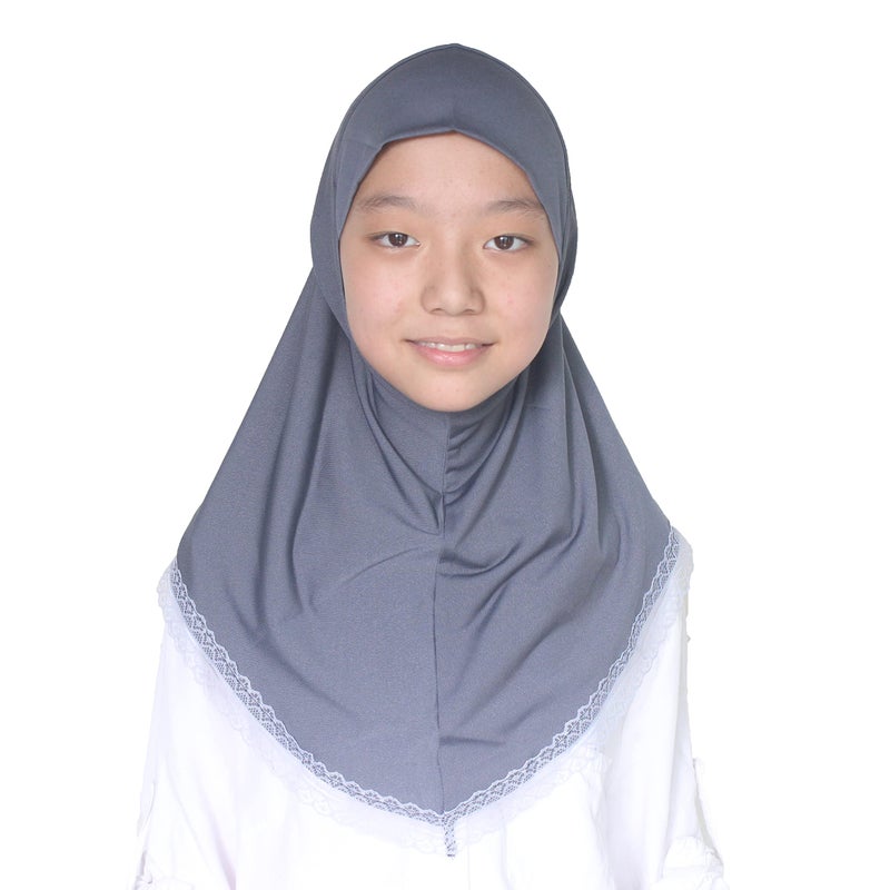 Modest Beauty حجاب مسلم جميل محتشم للفتيات والأطفال مع دانتيل للأعمار من 6-12 سنة باللون الرمادي - Image 1