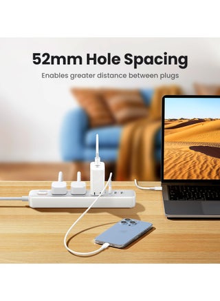 لوحة تمديد كهربائية مزودة بمنفذي USB بقدرة 30 واط بتقنية الشحن السريع PD، ومزودة بشريحة ذكية مدمجة، وحماية من ارتفاع التيار والحرارة الزائدة، وسلك تمديد كهربائي بثلاثة منافذ طاقة تيار متردد، وقابس تمديد عالمي بطول 2 متر. 6 in 1 with cable - view 5