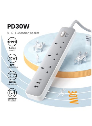 لوحة تمديد كهربائية مزودة بمنفذي USB بقدرة 30 واط بتقنية الشحن السريع PD، ومزودة بشريحة ذكية مدمجة، وحماية من ارتفاع التيار والحرارة الزائدة، وسلك تمديد كهربائي بثلاثة منافذ طاقة تيار متردد، وقابس تمديد عالمي بطول 2 متر. 6 in 1 with cable - view 2
