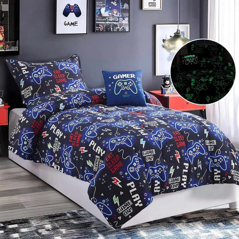 Wink Deer Twin Comforter Set for Boys-3 Pieces Gamer Glow in the Dark Twin Bedding Sets for Kids,1 Comforter,1 Sham and 1 Decor Pillow - Image 4