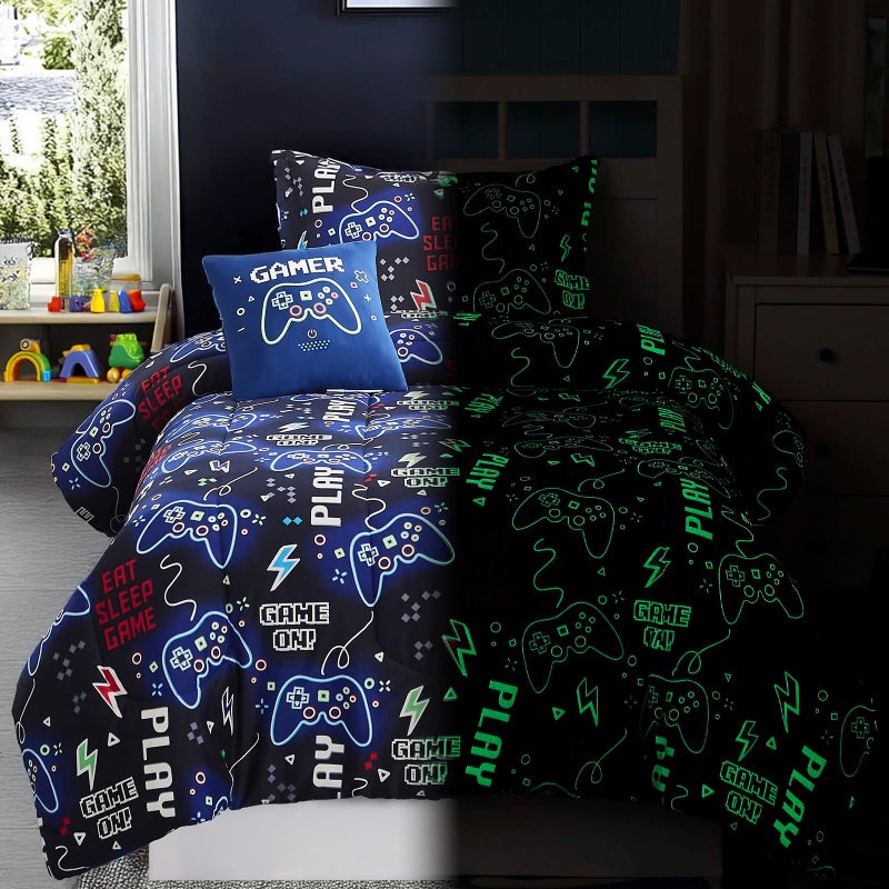 Wink Deer Twin Comforter Set for Boys-3 Pieces Gamer Glow in the Dark Twin Bedding Sets for Kids,1 Comforter,1 Sham and 1 Decor Pillow - Image 2