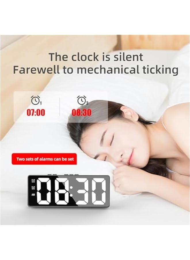ECVV Digital Alarm Clock, LED Display Mirror Clock, Sound Control Dual Alarm Clocks, Modern Electronic Clock for Bedroom Living Room Office Batteries/USB cable (White) - Image 3