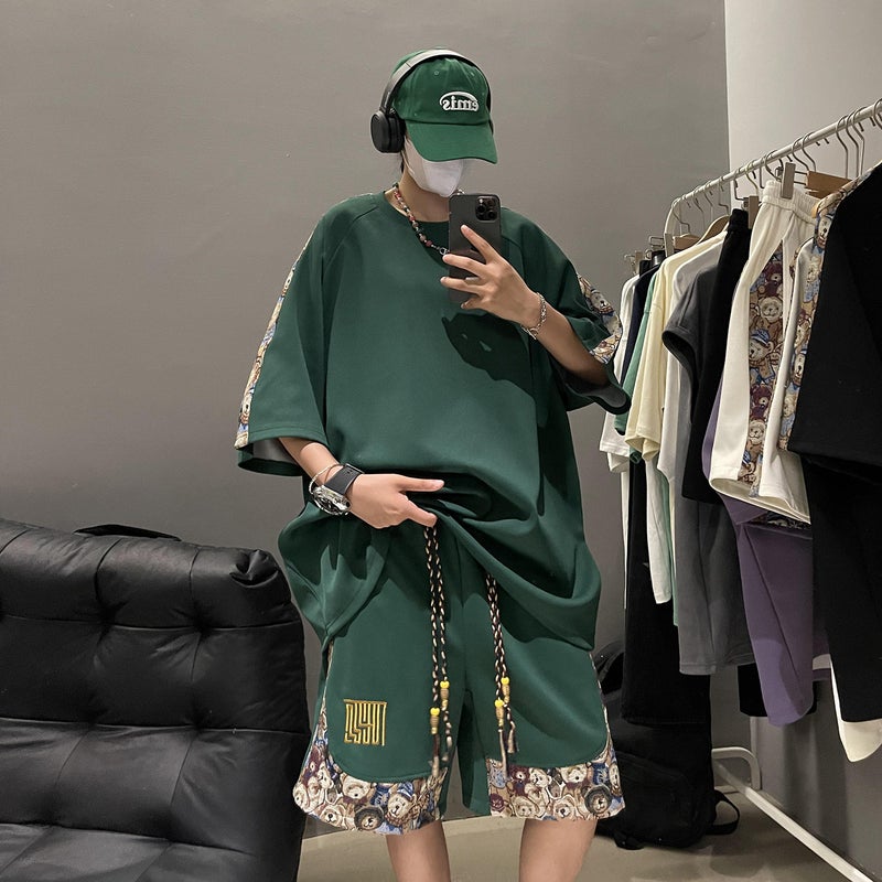 2024 Summer New Mens and Womens Couple T-Shirt suit New Chinese Style National Style Embroidered Bear Stitching Two-Piece T-Shirt Green 