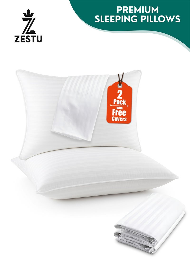 زستو طقم مكوّن من 2 وسائد للنوم مع أغطية وسائد مجانية، وسائد ناعمة بجودة الفنادق للاستخدام المنزلي والفندقي، مضادة للحساسية وقابلة للتنفس، مصنوعة من ألياف مايكروفايبر، مناسبة للنوم على الجانب والظهر والبطن - Image 1