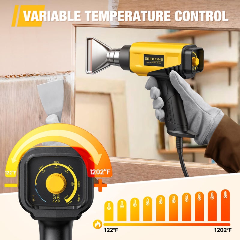 SEEKONE 1800W Heat Gun Compact Design Heavy Duty Hot Air Gun 122â„‰-1202â„‰ï¼ˆ50â„ƒ- 650â„ƒï¼‰Variable Temperature Control for 2 Speed Settings with 4 Nozzels for Crafts, Vinyl Wrap, Shrink Tubing - Image 3