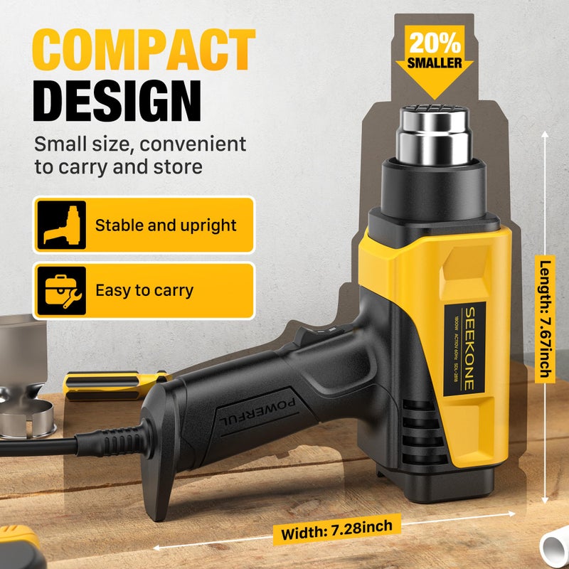SEEKONE 1800W Heat Gun Compact Design Heavy Duty Hot Air Gun 122â„‰-1202â„‰ï¼ˆ50â„ƒ- 650â„ƒï¼‰Variable Temperature Control for 2 Speed Settings with 4 Nozzels for Crafts, Vinyl Wrap, Shrink Tubing - Image 4