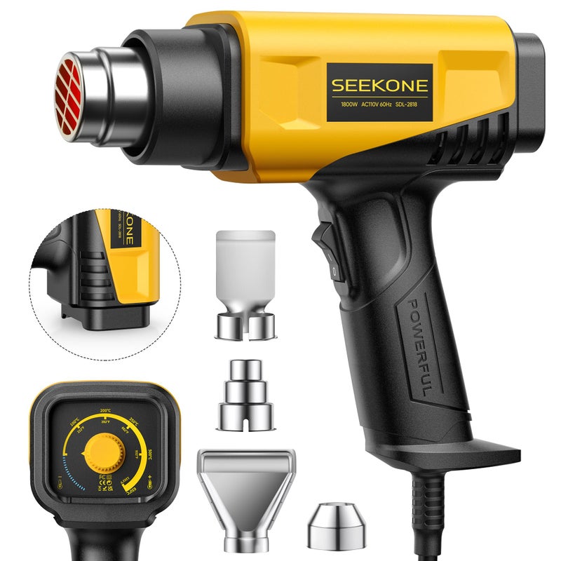 SEEKONE 1800W Heat Gun Compact Design Heavy Duty Hot Air Gun 122â„‰-1202â„‰ï¼ˆ50â„ƒ- 650â„ƒï¼‰Variable Temperature Control for 2 Speed Settings with 4 Nozzels for Crafts, Vinyl Wrap, Shrink Tubing - Image 1