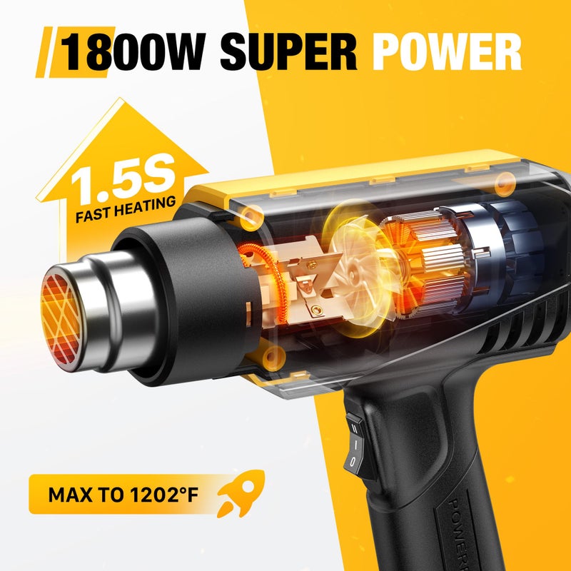 SEEKONE 1800W Heat Gun Compact Design Heavy Duty Hot Air Gun 122â„‰-1202â„‰ï¼ˆ50â„ƒ- 650â„ƒï¼‰Variable Temperature Control for 2 Speed Settings with 4 Nozzels for Crafts, Vinyl Wrap, Shrink Tubing - Image 2