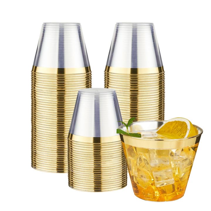 RACETOP 9 oz 100 Pack Clear Plastic Cups with Gold Rim  Disposable Gold Rim Clear Plastic Cups for Parties  Gatherings  Weddings  and Festival Events - Image 1
