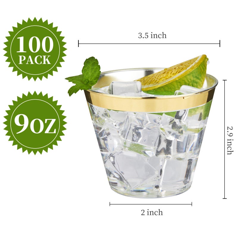 RACETOP 9 oz 100 Pack Clear Plastic Cups with Gold Rim  Disposable Gold Rim Clear Plastic Cups for Parties  Gatherings  Weddings  and Festival Events - Image 2