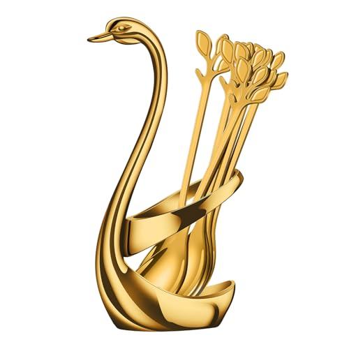 AnSaw Gold Small Coffee Spoon Holder Set,Swan Base With 10 Pcs Demitasse Espresso Spoons Set,4.7" Mini Leaf Dessert Spoon,Stainless Steel Tea Spoons - Image 2
