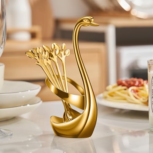 AnSaw Gold Small Coffee Spoon Holder Set,Swan Base With 10 Pcs Demitasse Espresso Spoons Set,4.7" Mini Leaf Dessert Spoon,Stainless Steel Tea Spoons - Image 5