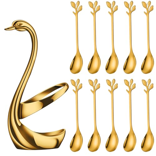 AnSaw Gold Small Coffee Spoon Holder Set,Swan Base With 10 Pcs Demitasse Espresso Spoons Set,4.7" Mini Leaf Dessert Spoon,Stainless Steel Tea Spoons - Image 1