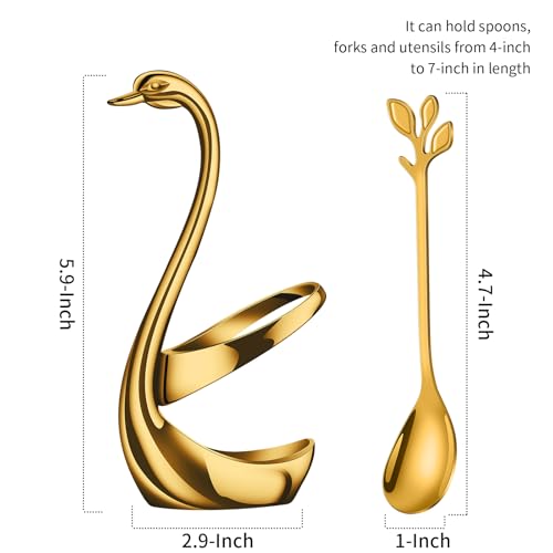 AnSaw Gold Small Coffee Spoon Holder Set,Swan Base With 10 Pcs Demitasse Espresso Spoons Set,4.7" Mini Leaf Dessert Spoon,Stainless Steel Tea Spoons - Image 3