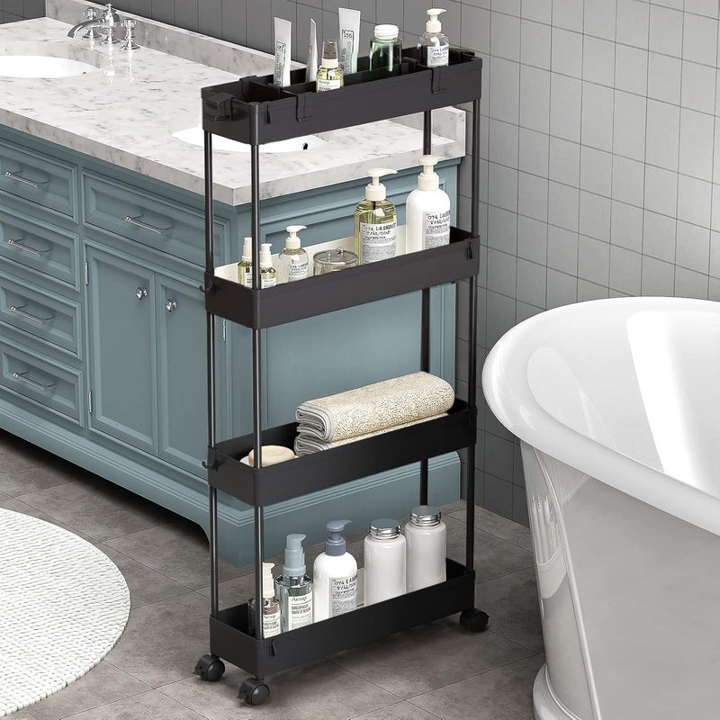 SPACELEAD SAKA Slim Storage Cart,4 Tier Bathroom Rolling Utility Cart Storage Organizer Slide Out Cart, Mobile Shelving Unit Organizer Trolley for Office Bathroom Kitchen Laundry Room Narrow Places, Black - Image 1
