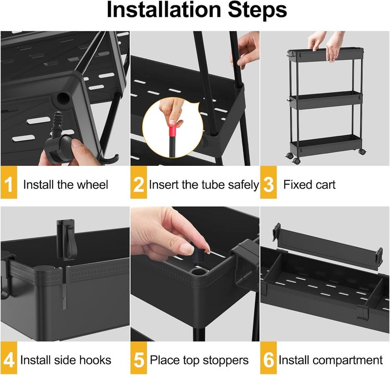 SPACELEAD SAKA Slim Storage Cart,4 Tier Bathroom Rolling Utility Cart Storage Organizer Slide Out Cart, Mobile Shelving Unit Organizer Trolley for Office Bathroom Kitchen Laundry Room Narrow Places, Black - Image 5