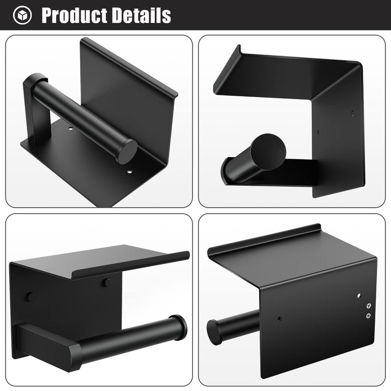 Tindbea Toilet Paper Holder Phone Shelf + Towel Hooks  Adhesive or Wall Mounted Bathroom Tissue Roll Storage  Stainless Steel Home Household Apartment Essential Accessories (Matte Black) - Image 5