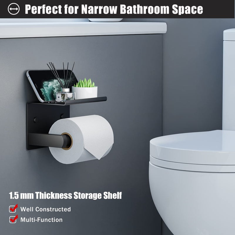 Tindbea Toilet Paper Holder Phone Shelf + Towel Hooks  Adhesive or Wall Mounted Bathroom Tissue Roll Storage  Stainless Steel Home Household Apartment Essential Accessories (Matte Black) - Image 4