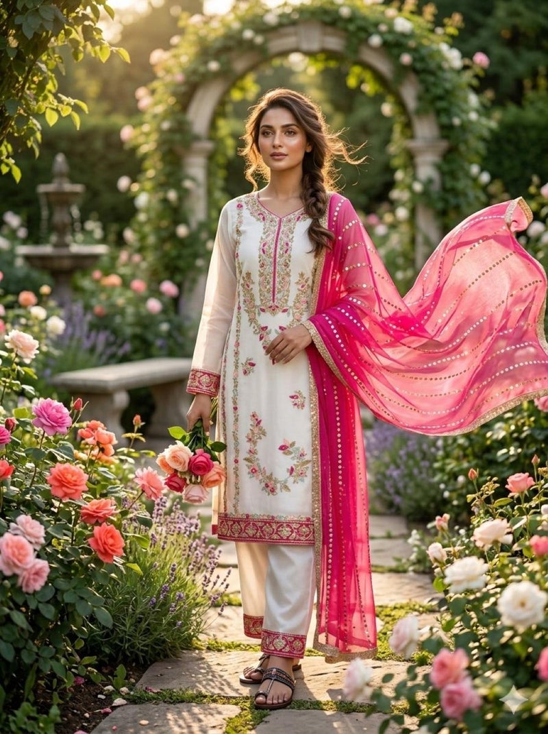 ANAITA Pink & White Silk Readymade Suit with Embroidery & Moti Work - Image 1