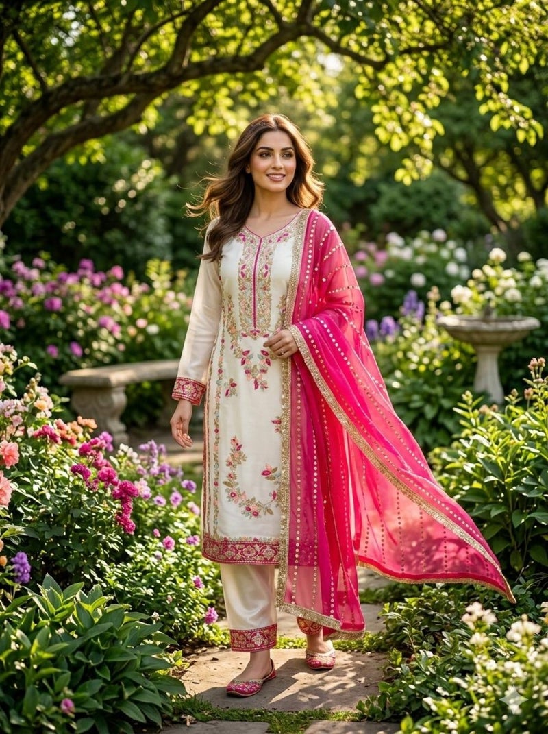 ANAITA Pink & White Silk Readymade Suit with Embroidery & Moti Work - Image 2