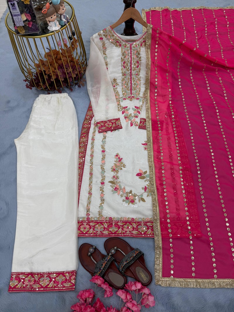 ANAITA Pink & White Silk Readymade Suit with Embroidery & Moti Work - Image 3