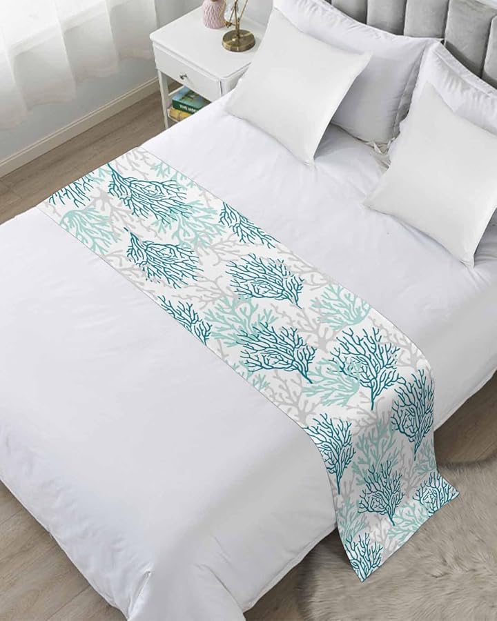 Teal Grey Coral Coastal Bed Runner For Cal King Size Bed 102x20 Inches Decorative Throw - Image 1