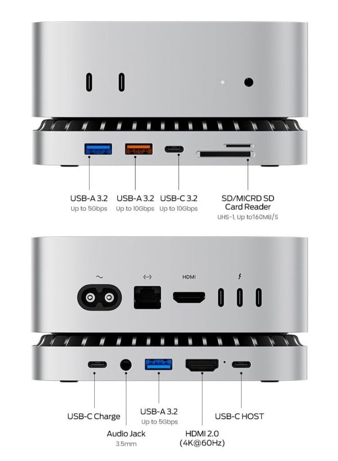 رايكيو ماك ميني M4 دوك، حامل ماك ميني من الألومنيوم، ووحدة تجميع HDMI لـ ماك ميني M4 وM4 برو 2024، مع غلاف SSD M.2 NVMe/SATA، HDMI بجودة 4K60Hz، منفذ USB A/C بسرعة 10 جيجابت، منفذين USB A بسرعة 5 جيجابت، شحن عبر منفذ USB-C، بطاقة SD/TF، صوت - Image 2