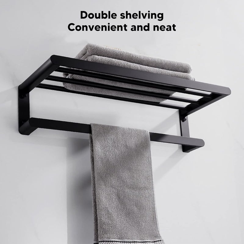 Bath Towel Bar with Shelf Rack, Space Aluminum Double Layer Matte Finish, Wall Mounted Storage for Bathroom and Kitchen - Space Saving Design, Durable & Easy to Install, Perfec (Black 50cm) - Image 4