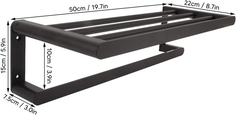 Bath Towel Bar with Shelf Rack, Space Aluminum Double Layer Matte Finish, Wall Mounted Storage for Bathroom and Kitchen - Space Saving Design, Durable & Easy to Install, Perfec (Black 50cm) - Image 2