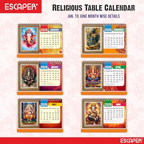 ESCAPER 2026 Lord Ganesha Desk Calendar – Ganpati Table Calendar with Divine Photos, A5 Size Hindu God Calendar for Home & Office Décor - Image 2