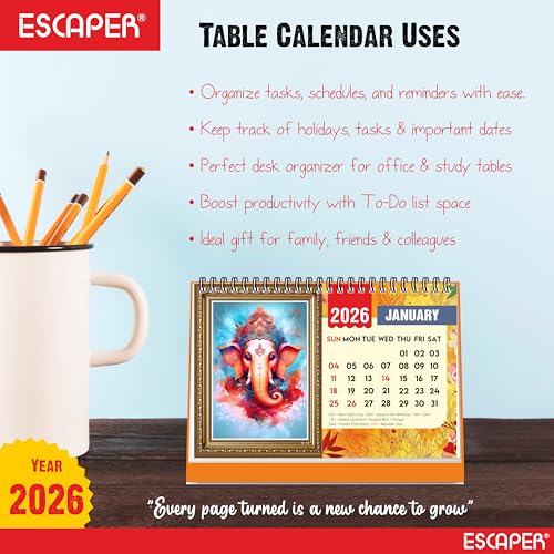 ESCAPER 2026 Lord Ganesha Desk Calendar – Ganpati Table Calendar with Divine Photos, A5 Size Hindu God Calendar for Home & Office Décor - Image 5