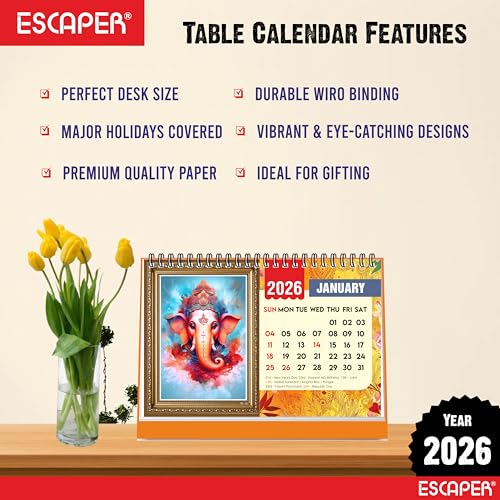 ESCAPER 2026 Lord Ganesha Desk Calendar – Ganpati Table Calendar with Divine Photos, A5 Size Hindu God Calendar for Home & Office Décor - Image 4