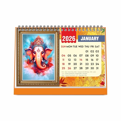 ESCAPER 2026 Lord Ganesha Desk Calendar – Ganpati Table Calendar with Divine Photos, A5 Size Hindu God Calendar for Home & Office Décor - Image 1