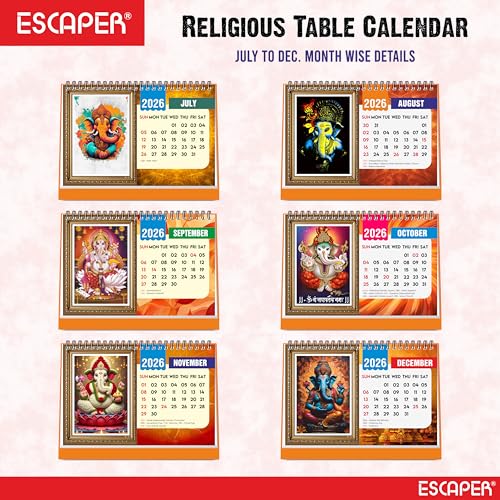 ESCAPER 2026 Lord Ganesha Desk Calendar – Ganpati Table Calendar with Divine Photos, A5 Size Hindu God Calendar for Home & Office Décor - Image 3