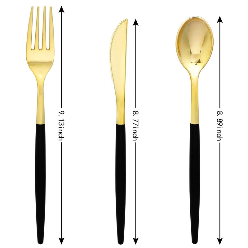 Supernal 102pcs Gold Plastic Silverware  Golden Cutlery with Black Handle  Disposable Flatware Collection  Includes 34 Plastic Forks and Spoons and Knives Ideal for Weddings  Parties  and Birthdays - Image 2