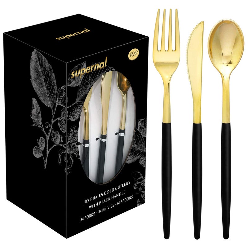 Supernal 102pcs Gold Plastic Silverware  Golden Cutlery with Black Handle  Disposable Flatware Collection  Includes 34 Plastic Forks and Spoons and Knives Ideal for Weddings  Parties  and Birthdays - Image 1
