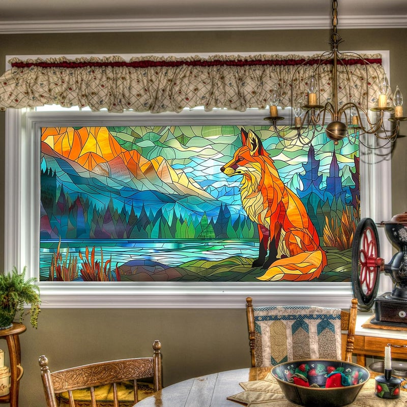 HOMETITUTE Stained Glass Fox & Mountain Pattern Static Cling Window Film 39.3x17.7 inches Non-Adhesive Removable Reusable for Glass Door Home and Office Bedrooms PVC Static Cling Sticker - Image 1