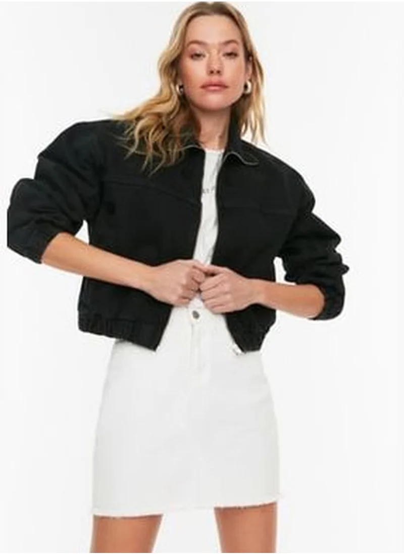 trendyol Black Polka Dot Embroidery Bomber Denim Jacket TWOAW22CE0220