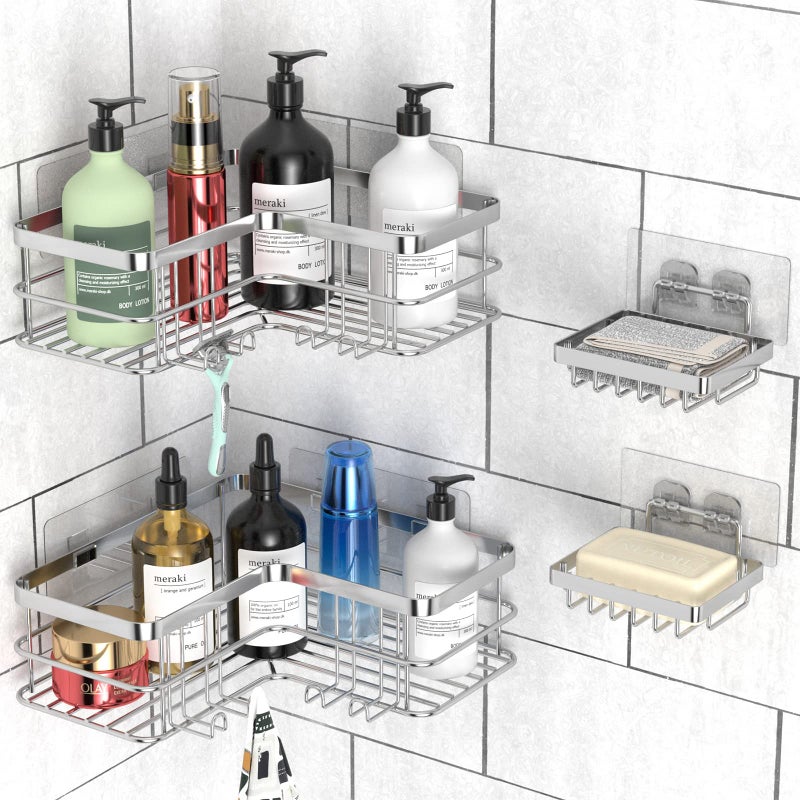 Yazoni Corner Shower Caddy  4-Pack Adhesive Shower Shelves with Soap Holder No Drilling  Rustproof Stainless Steel Bathroom Shower Organizer Wall Mounted  Large Capacity Shower Shelf for Inside Shower - Image 1