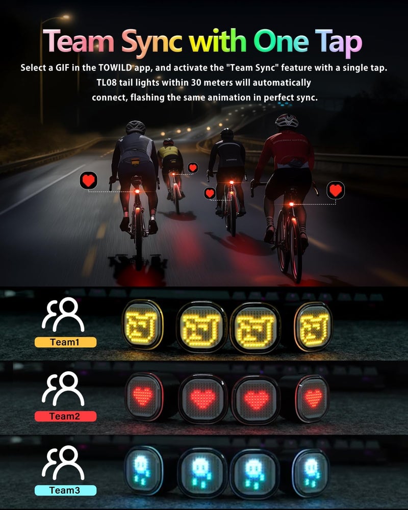 TOWILD TL08 Bicycle Tail Light with Full-Color Display - Custom Pattern Rear Light with Smart Brake Sensing and USB-C Rechargeable Battery - Waterproof LED Bike Rear Light for Night Cycling - Black - Image 4