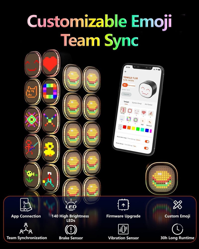 TOWILD TL08 Bicycle Tail Light with Full-Color Display - Custom Pattern Rear Light with Smart Brake Sensing and USB-C Rechargeable Battery - Waterproof LED Bike Rear Light for Night Cycling - Black - Image 2