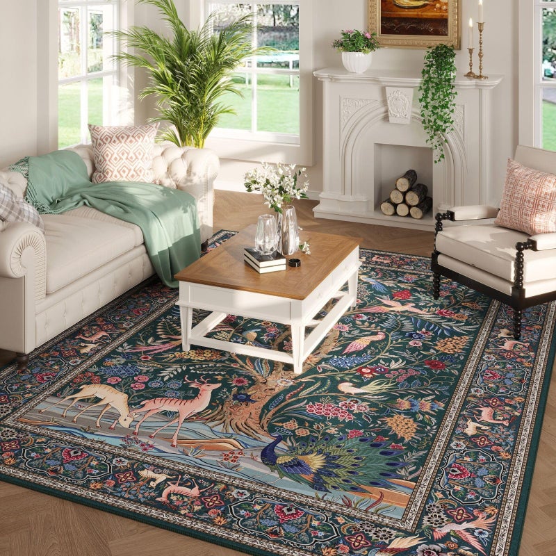 Rugcomf 8x10 Area Rugs Vibrant Tree of Life-Patterned Vintage Washable Area Rug Non Slip Low Pile Large Rug for Bedroom Farmhouse Dining Room Kids Playroom, Green - Image 5